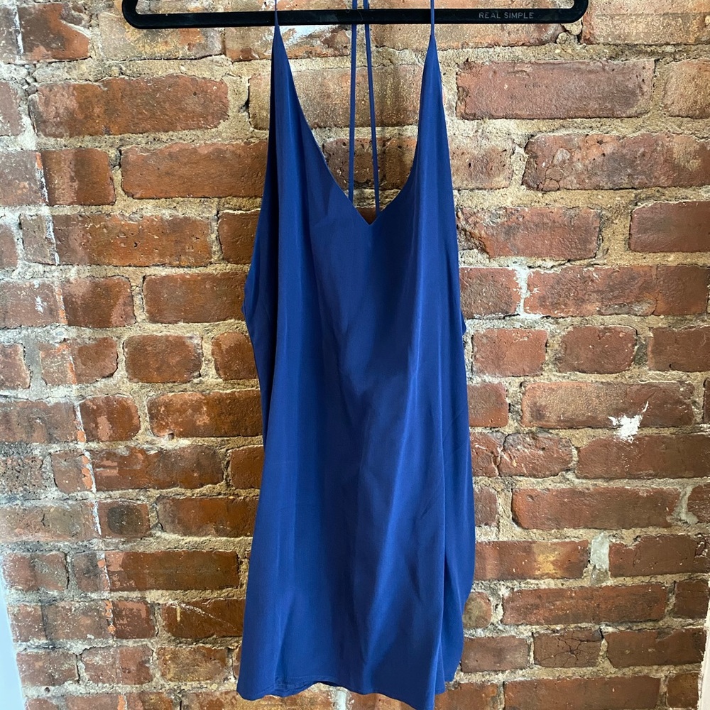 Navy silk spaghetti strap mini dress!
